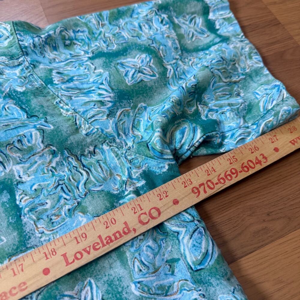 Vintage 90's Go Barefoot Trader Joes Uniform Blue Hawaiian Floral Polo Shirt L - Picture 9 of 9